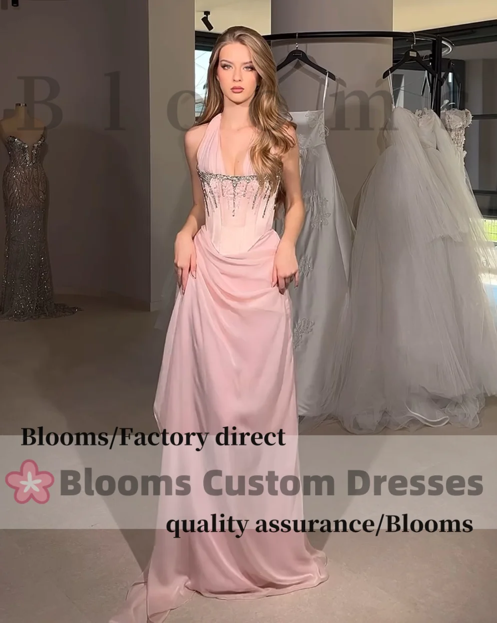 Customized Pink Halter Rhinestone Sexy Evening Dress Chiffon Ruched Sweet Back Lace-up Wedding Prom Dresses Floor-Length