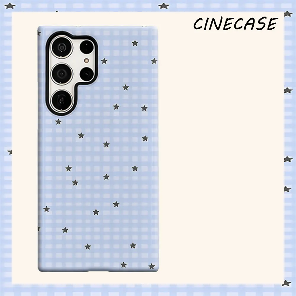Light Blue Grid Star For Samsung Galaxy S26 S25 S24 A56 A36 Dual Layer Luxury Fashion Full Lens Protective Case
