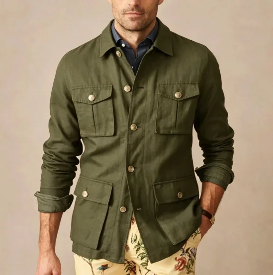 Men Linen Safari Jacket Multi Pockets Long Sleeve Casual Outdoor Summer Beach Hunting Coat Lightweight Only Jacket Customized
