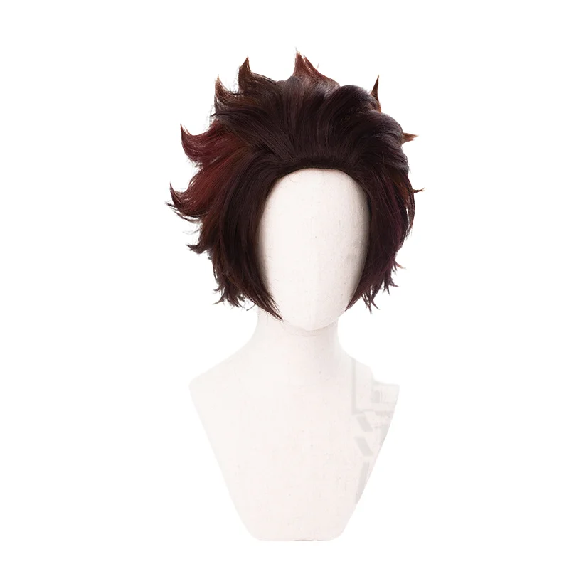 Anime Demon Slayer Kamado Tanjirou Wig 30CM Brown Gradient Heat Resistant Synthetic Hair Halloween Party Cosplay Wigs+Wig Cap