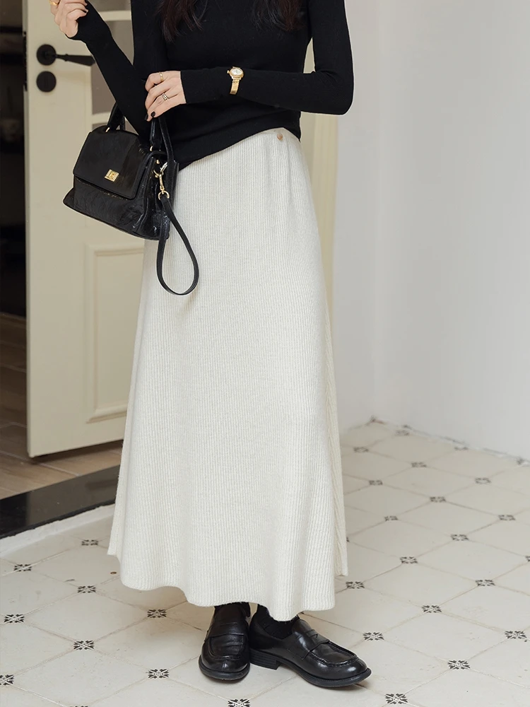 

Original Wang Fei Home Wool Knitted A-Line Skirt Women's Spring Autumn Slimming High Waist Long Skirt Korean Sle