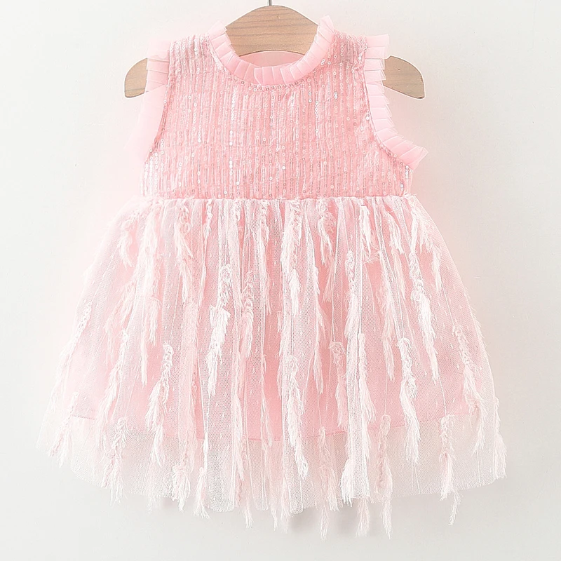 Summer Baby Girl Clothes Korean Fashion Feather Sequin Mesh Pink Sleeveless Birthday Dress Kids Dresses Newborn Stuff BC1209