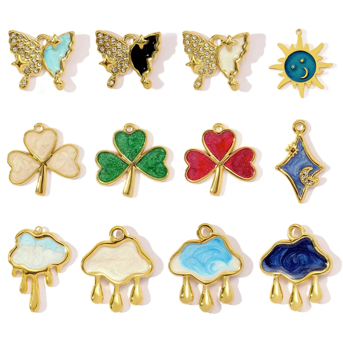 3pcs/Lot French Enamel Stainless Steel Raindrop Cloud Diy Charm Women Clover Butterfly Sun Necklace Pendant Star Crescent Jewelr