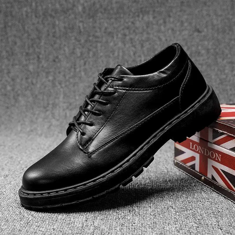 Zapatos de cuero de cabeza redonda de estilo británico para hombre, calzado de fiesta, negocios, ropa Formal, plataforma, boda, novio, color negro