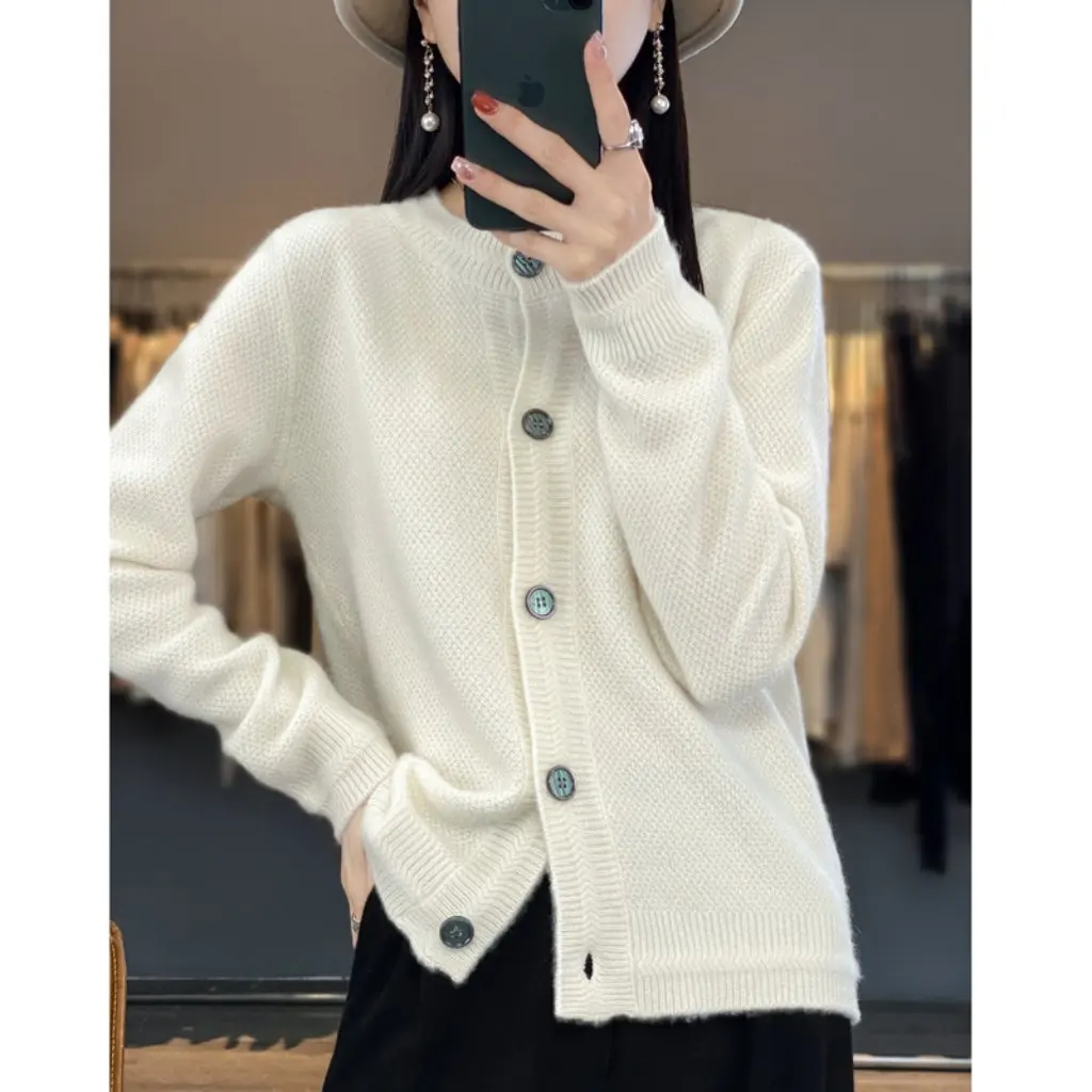 

Women's Pure Wool Cardigan round Neck Loose Fit Solid Color Spring Autumn New All-match Lazy Sweater Jacket