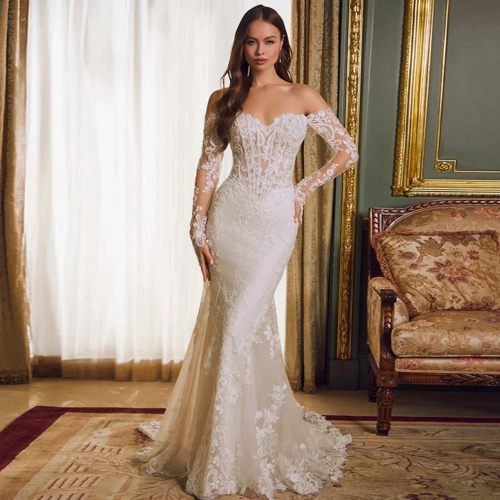 Customized Off Shoulder Mermaid Wedding Dress Lace Appliques Sweetheart Long Sleeves Bridal Gown Princess Vestidos De Novia