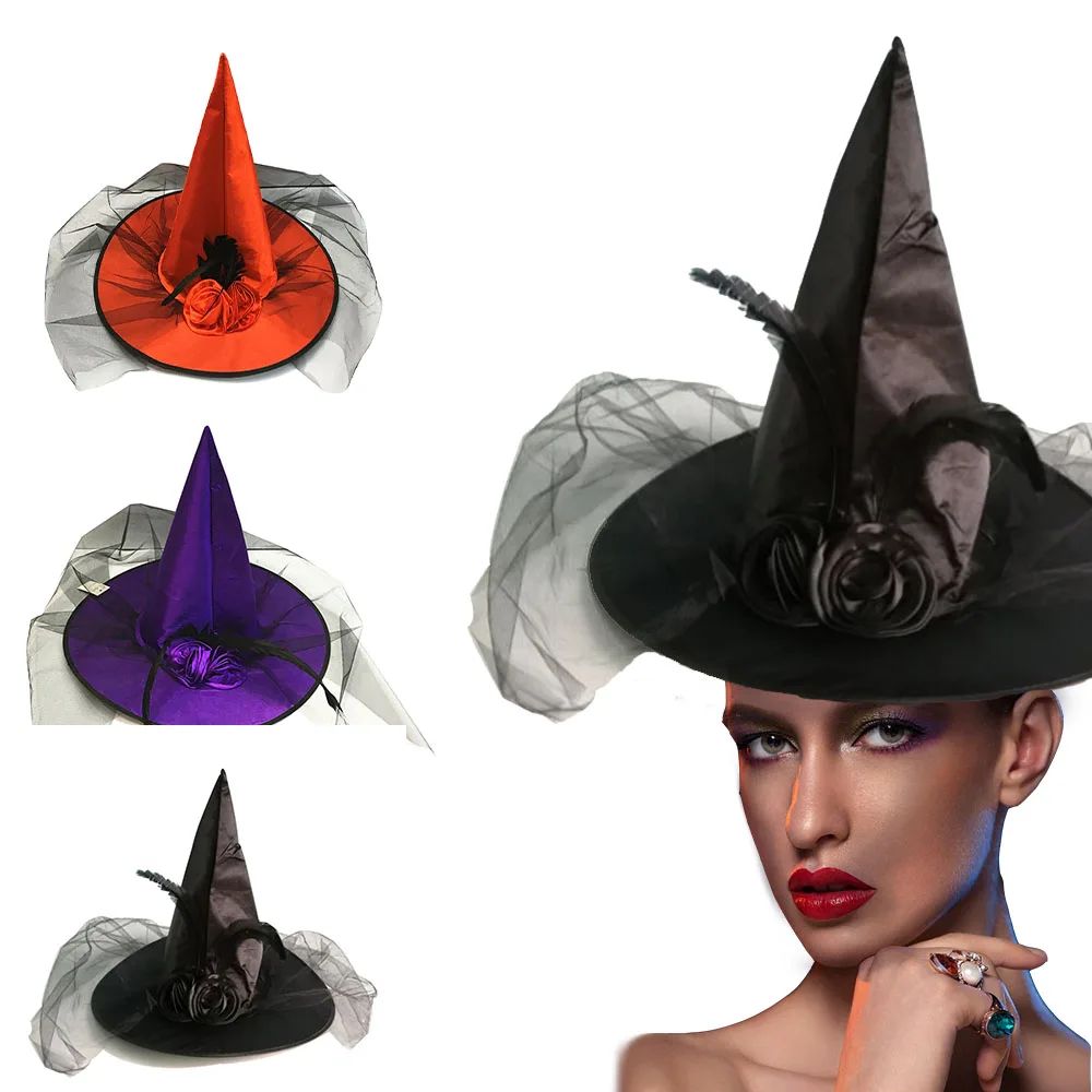 Mesh Hat Flower Pointed Hat Halloween Style Witch Festival Beautiful Dress Up Exquisite Hat Party Decorative Cosplay Mesh Cap