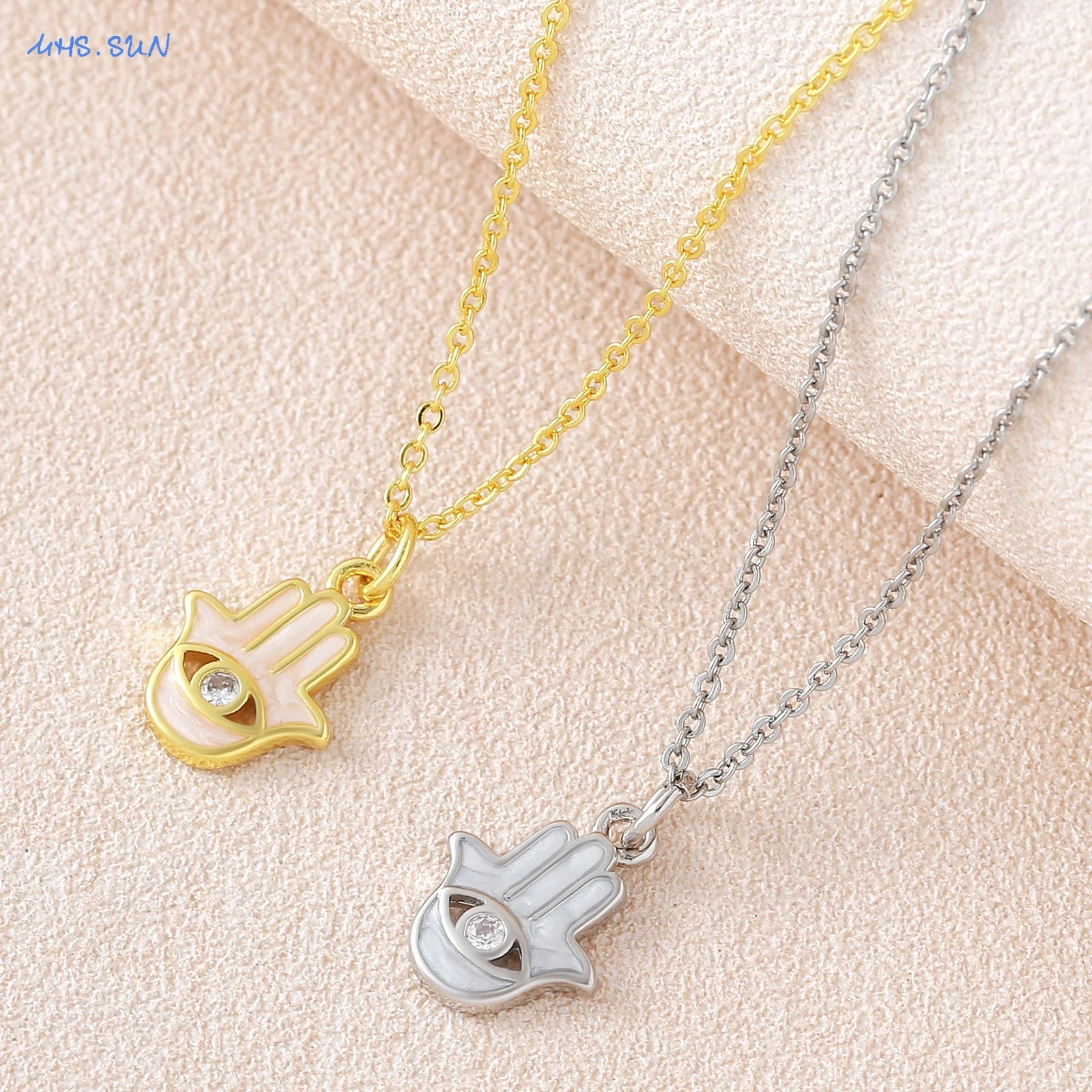 MHS.SUN Drip Oil Evil Eye Hand of Fatima Pendant Necklaces For Women Men Classic Gold/Silver Color Chain Daily Jewelry 1PC