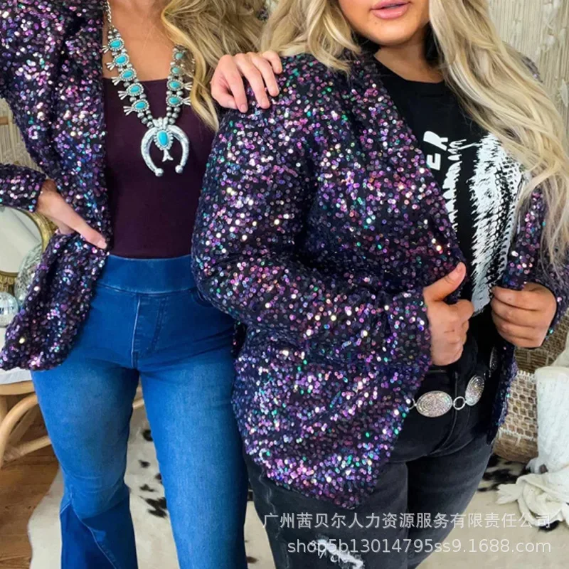 2024 Autumn Winter New Women\'s Closing Dark Purple Sequined Slim Lapel Suit Jacket Fashion Casual