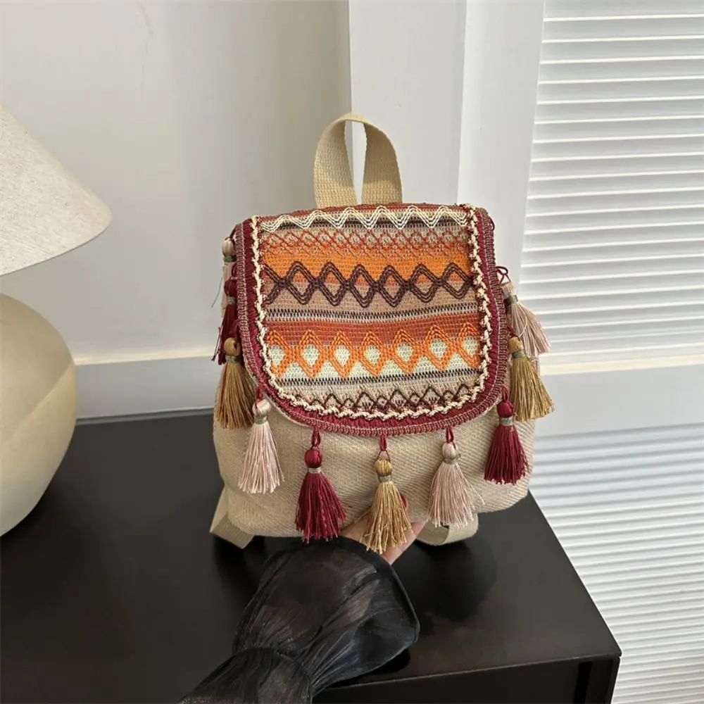 Tassel Ethnic Style Backpack Small School Bag Canvas Tassel Shoulder Bag Outdoor Travel Bag Large Capacity Embroidery School Bag