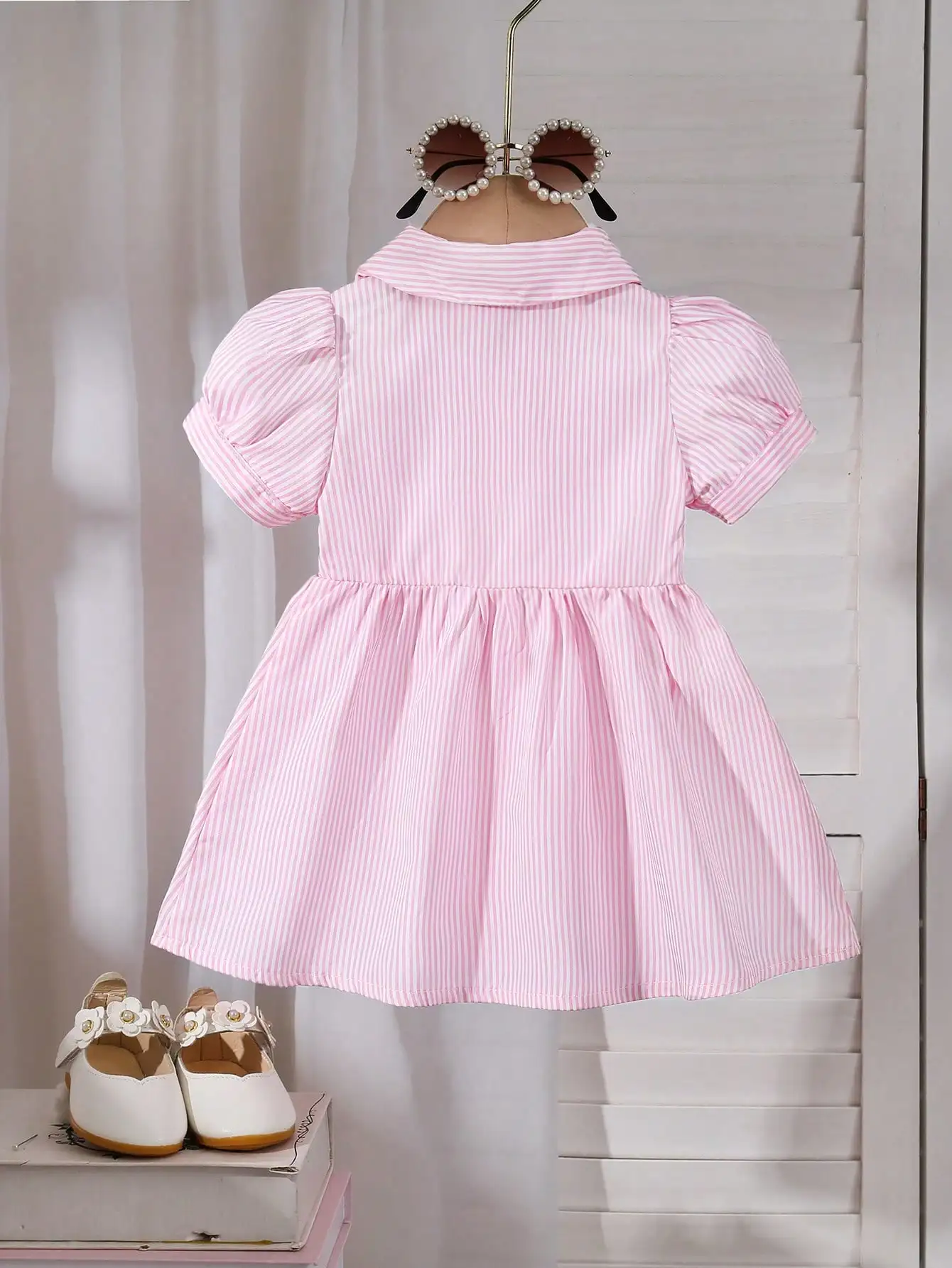 Baby Girl Embroidered Striped Stand Collar Bubble Sleeve Dress, Fresh College Style, Perfect for Outdoor Play, Versatile and Cut