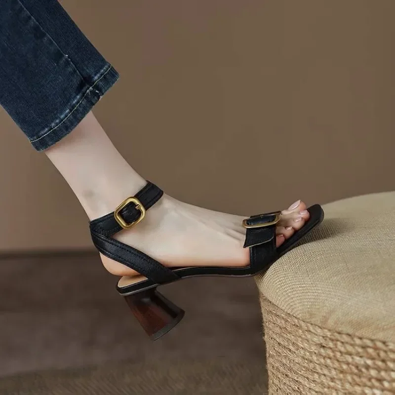 Ankle Strap VINTAGE Sandals for Women Open Toe High Heels Sandalias De Mujer Belt Buckle Square Heeled Women Pumps