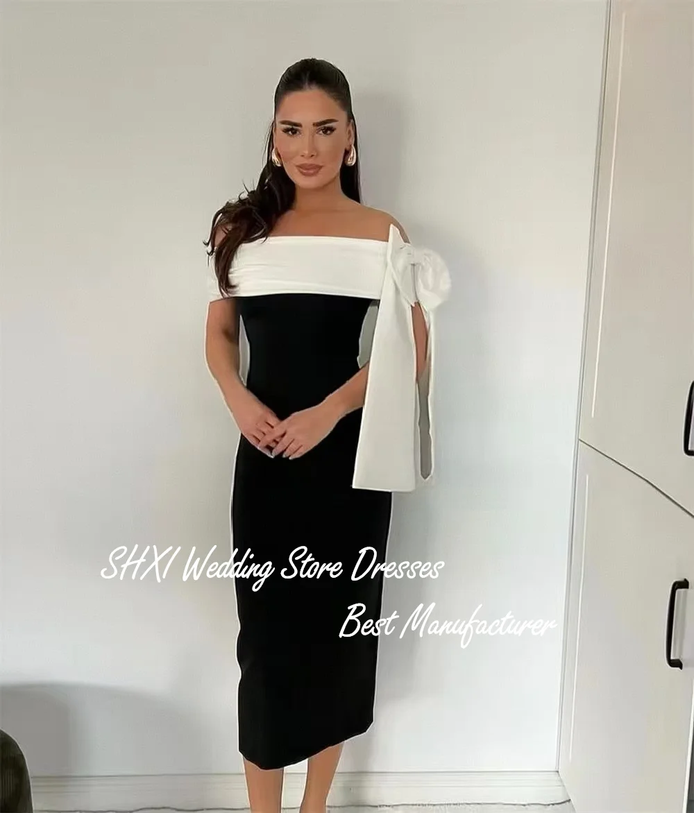 SHXI Gaun Prom Hitam Putih Elegan Gaun Pesta Formal Saudi Dubai Bahu Terbuka Gaun Putri Duyung Panjang Teh Kustom Gaun Pesta