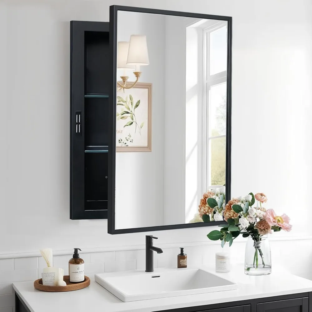 Black bathroom mirror with storage space, farmhouse frame wall mirror embedded or surface mounted, 16x24 inches