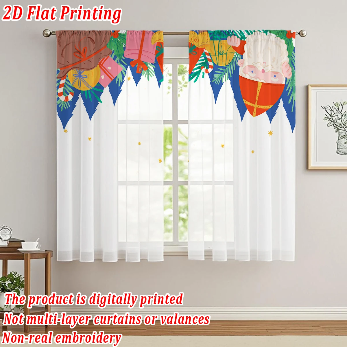 ستارة شفافة للمطبخ بطباعة مسطحة لعيد الميلاد مع صندوق هدايا لأشجار سانتا كلوز لعيد الميلاد وحفلات ديكور المنزل