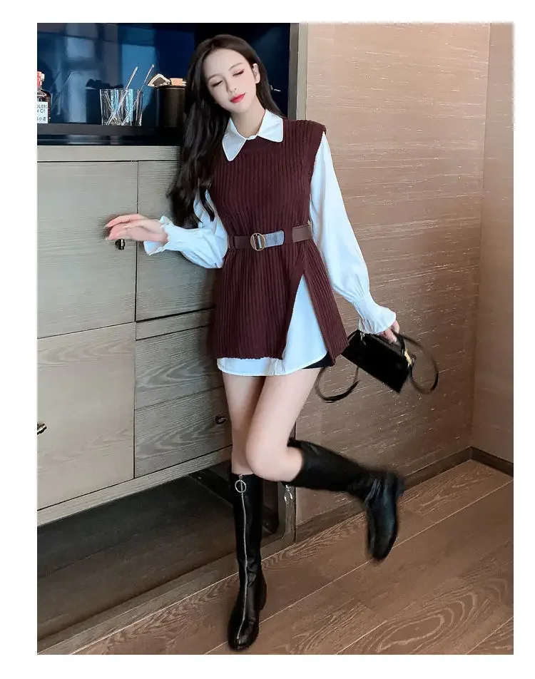 2024 Spring New Korean Elegant in Matching Set Women\'s Fashion Knitted Vest+Shirt Two Piece Female Casual Slim Chic Suit