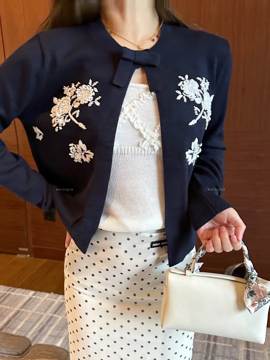 

Ele винтажный вязаный топ ручной работы с вышивкой бисером и цветочным принтом, открытый кардиган, высокая версия, полиэстер, смесь Camere Long Sve