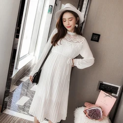 Fashion Korean Style Pleated Chiffon Maternity Long Dress Loose Straight Clothes for n Pregnancy Pink Dresses Clothing