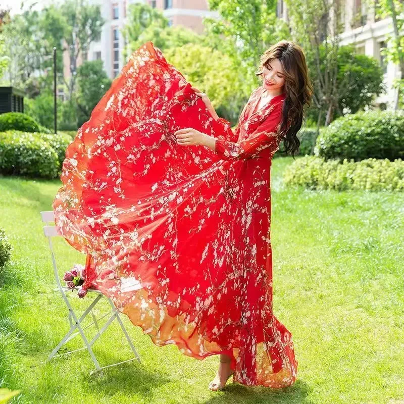 Dresses for Women 2024 Robe Tunics Floral Dress Ropa Mujer Boho Elegant Spring Clothes Chic Maxi Party Chiffon Vestidos E202