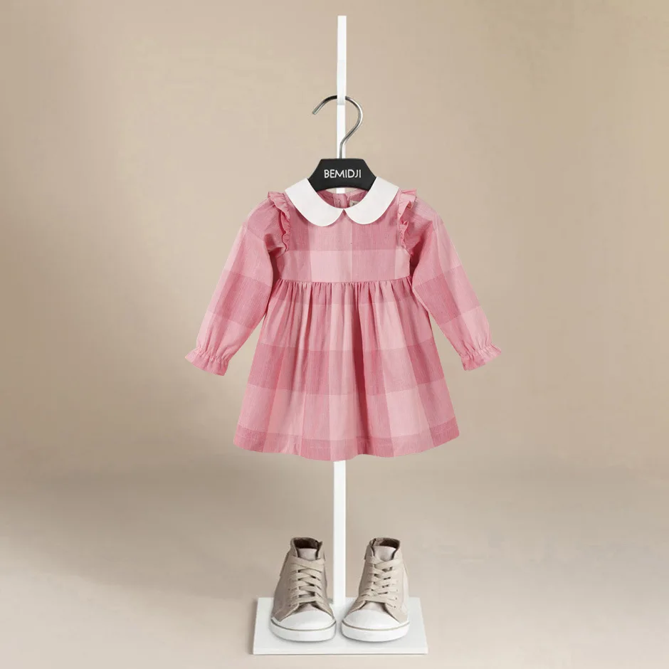 

Spring Autumn Long Sleeves Dresses Baby Big Girl Clothes Pink Babies Kids Birthday Party Dress Ribbed Plaid Overalls Children