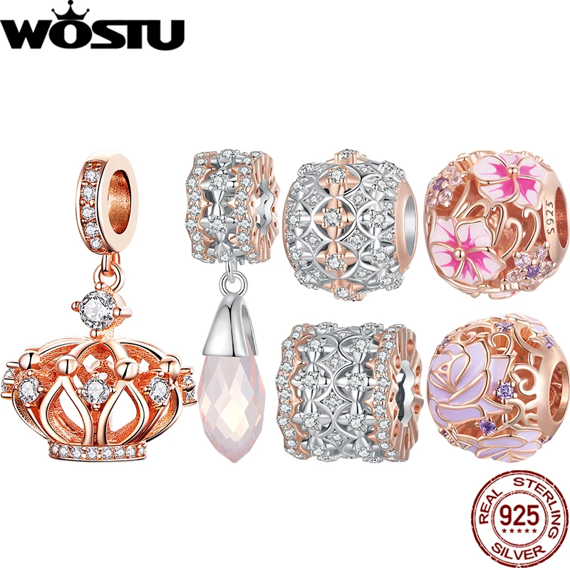 WOSTU 925 Sterling Silver Rose Golden Autumn Charm Hollowed-out Beads Glass Pendant Fit Original Bracelet DIY Jewelry Accessory