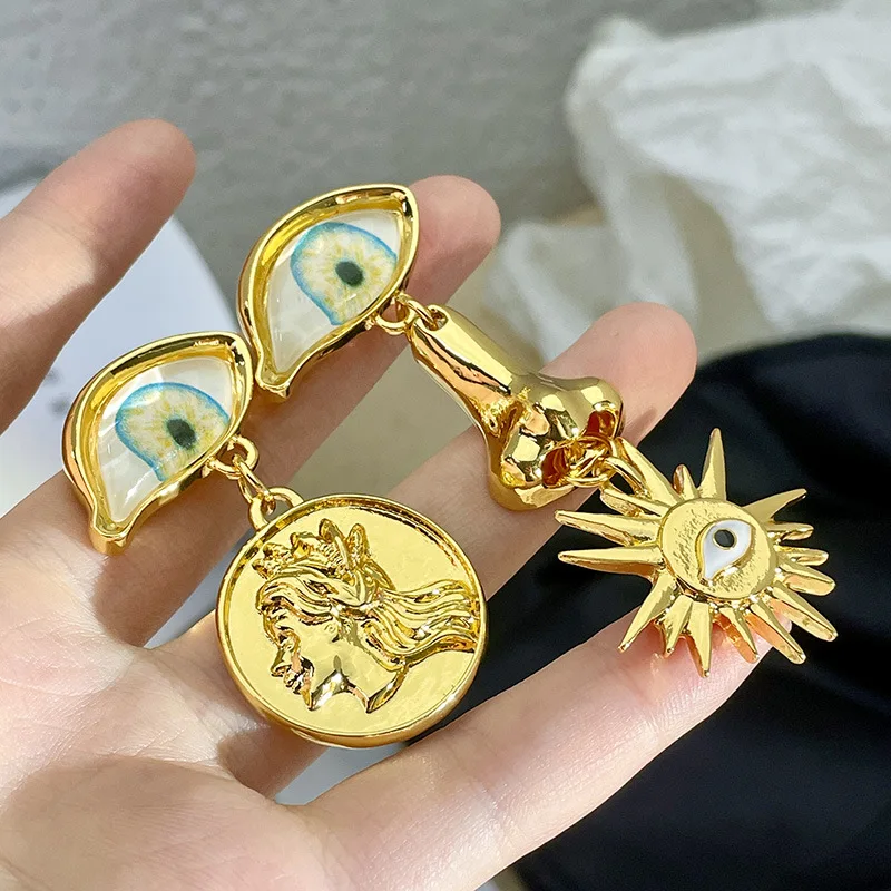 XIALUOKE Vintage Hyperbole Eyes Sunflower Earrings For Women Asymmetrical Portrait Drop Earrings Party Holiday Jewelry