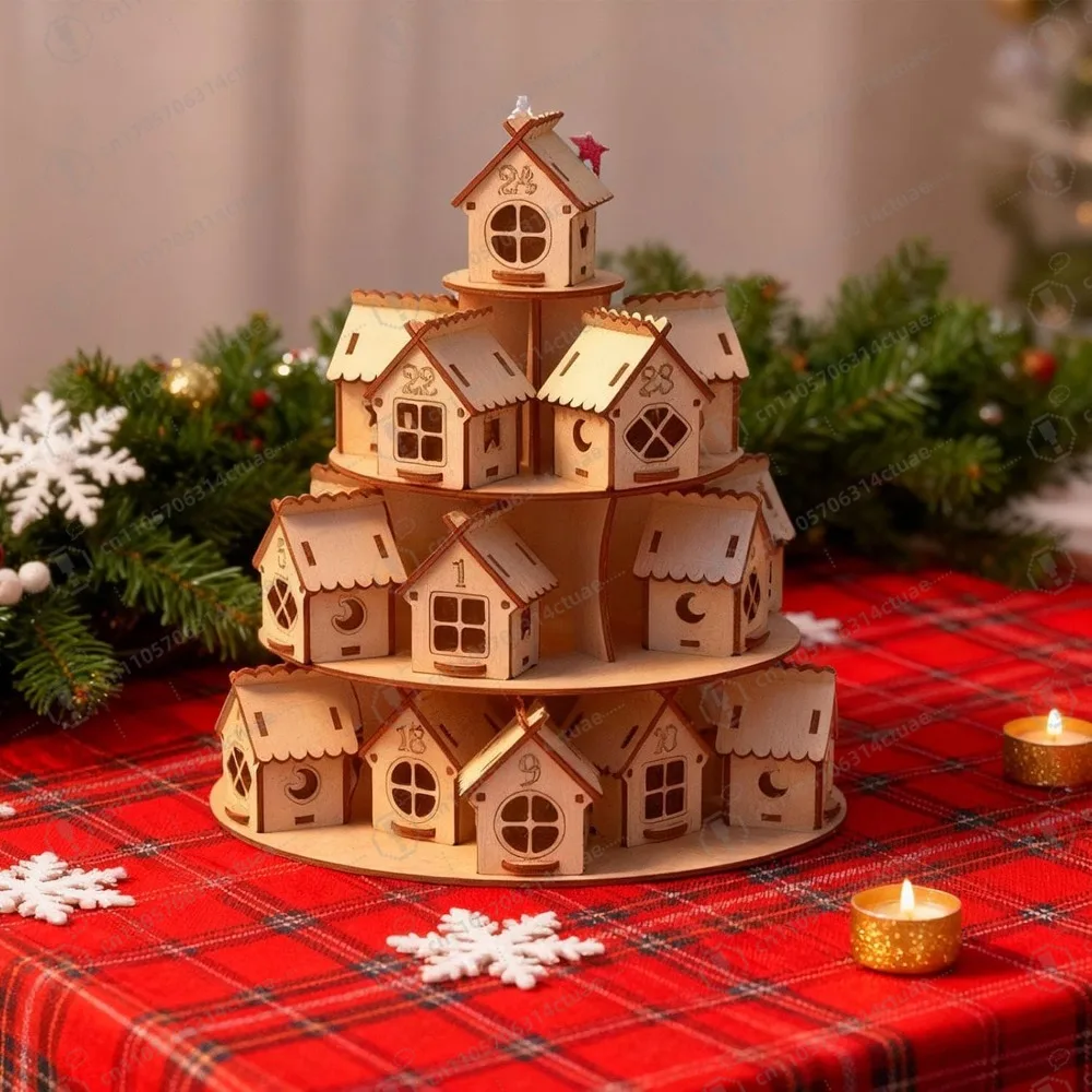 

24 Day Advent Calendar Decoration Reusable Wooden Gift Supplies Ornament Wooden House, for Office New Year Party