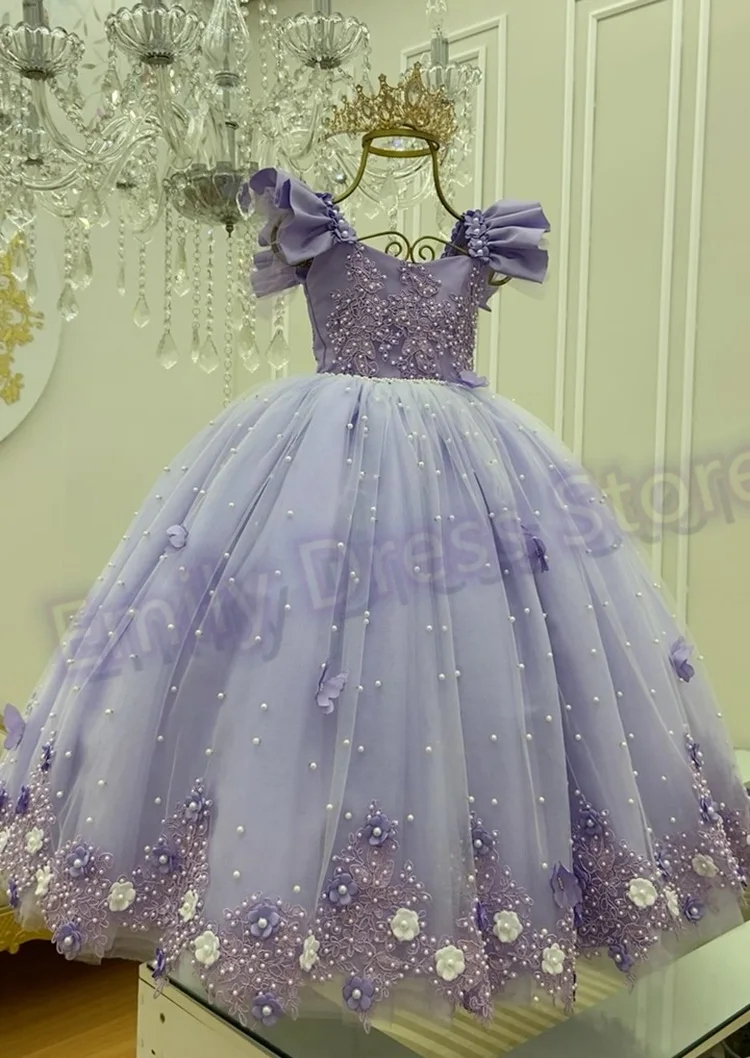 

Customized Purple Flower Girl Dress For Wedding 3d Applique Puffy Pearls Baby Kids Birthday Party First Communion Ball Gowns