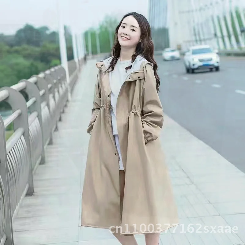 

Women's Slim Fit Long Waist Waterproof Windbreaker Raincoat Windproof Rainproof Adult Riding Raincoat Fashionable Gray Blue