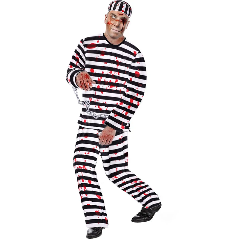 وصل حديثًا لعام 2025 للجنسين أبيض وأسود مخطط للكبار زومبي دموي سجين فستان الهالوين زي مخيف للأطفال زومبي #2