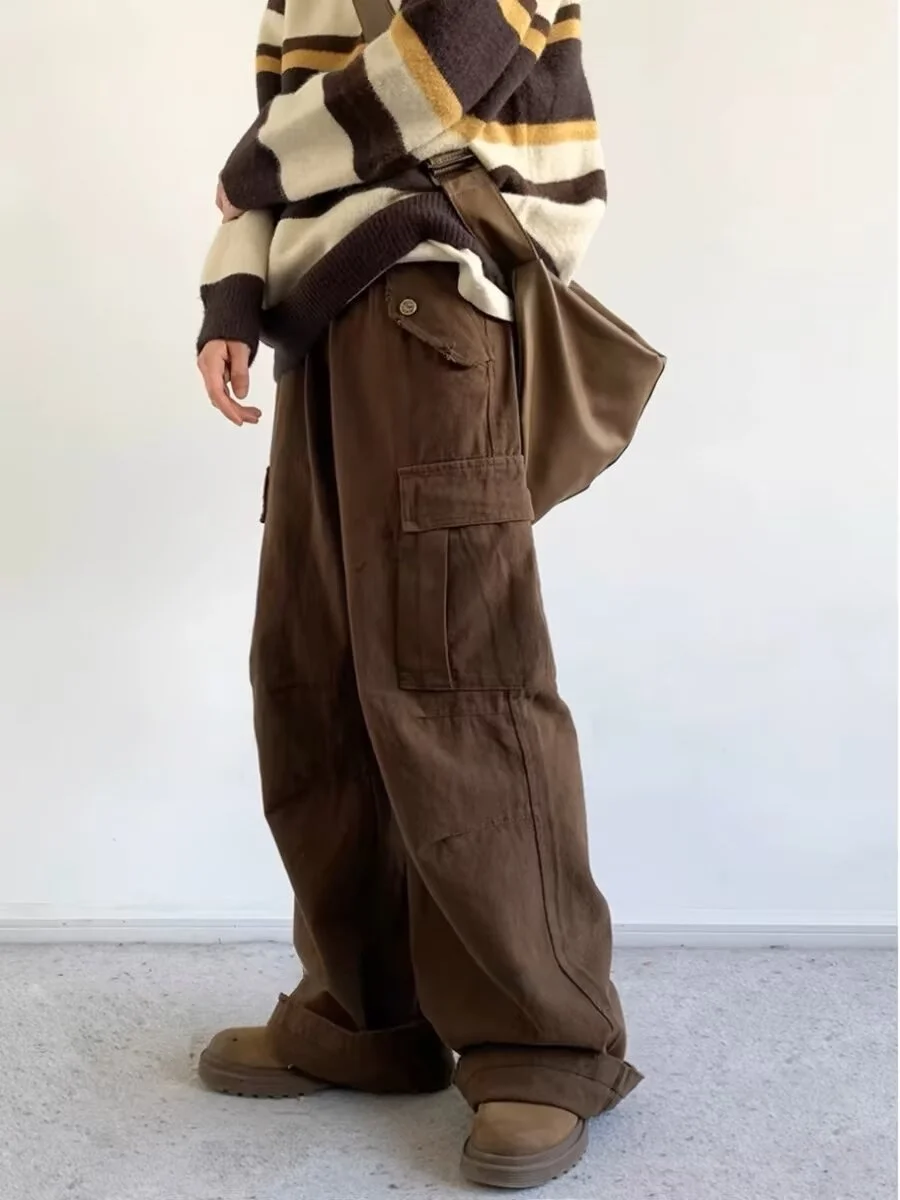 

Spring Autumn Retro Japanese Sle Work Pants Men's Casual Loose Fit Trousers with Dstring Fce Trim Elastic Waist