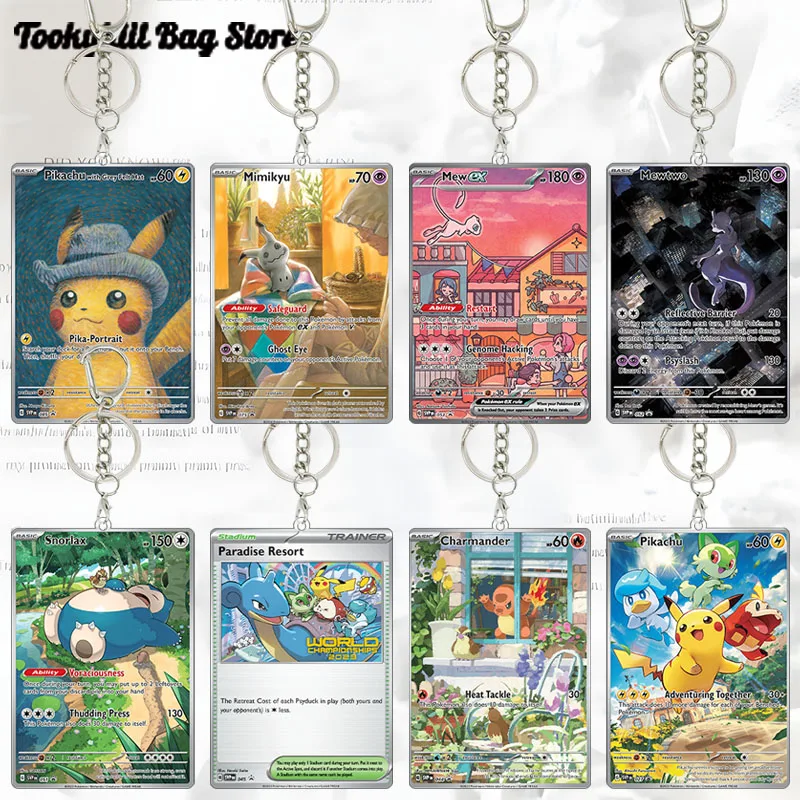 PTCG Mimikyu Acrylic Keychain Cards Mew Ex Mewtwo Snorlax VanGogh Hat Collection Pocket Monster Keyring Pendant Birthday Gift