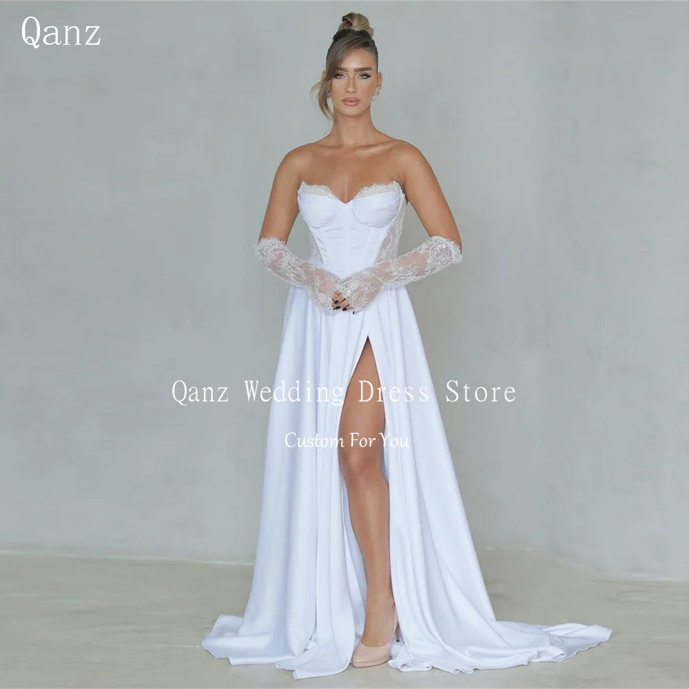 Qanz Beach Sweetheart Wedding Dress White Satin Long Sleeves Lace Vestidos De Novia High Side Slit Floor Length Party Dresses