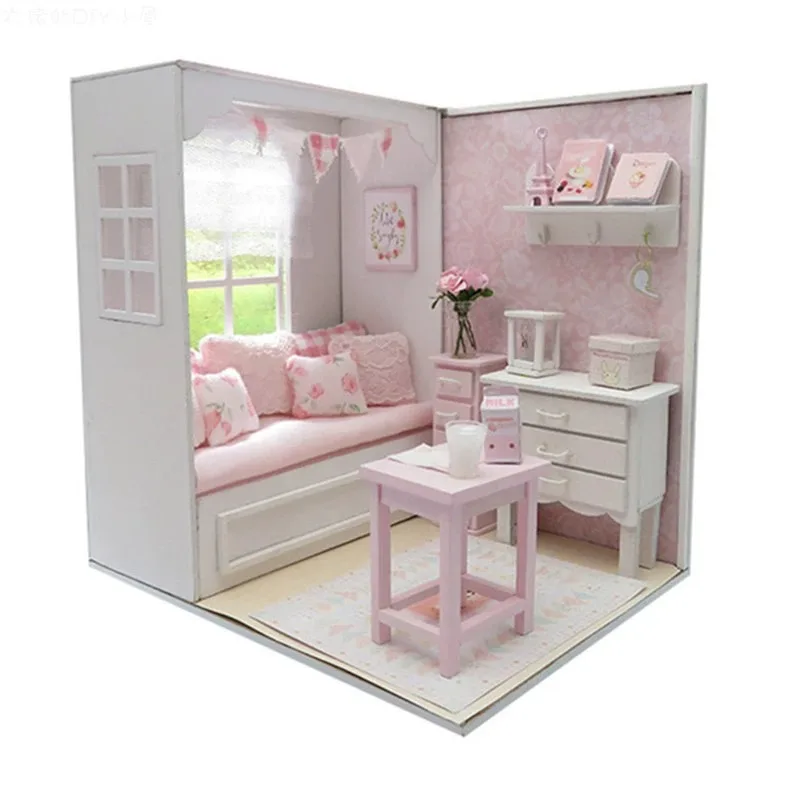 DIY Dollhouse Casa Miniature Furniture Kit Pink Princess House Model Assemble Toys for Children Girl Adult Birthday Gift