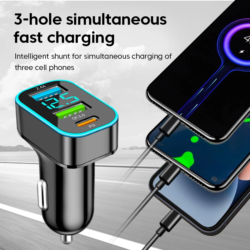 Elough 66W 3 Ports USB Car Charger Fast Charging Type C Lighter PD Car Phone Charger Adapter For iPhone 14 Samsung Huawei QC 3.0