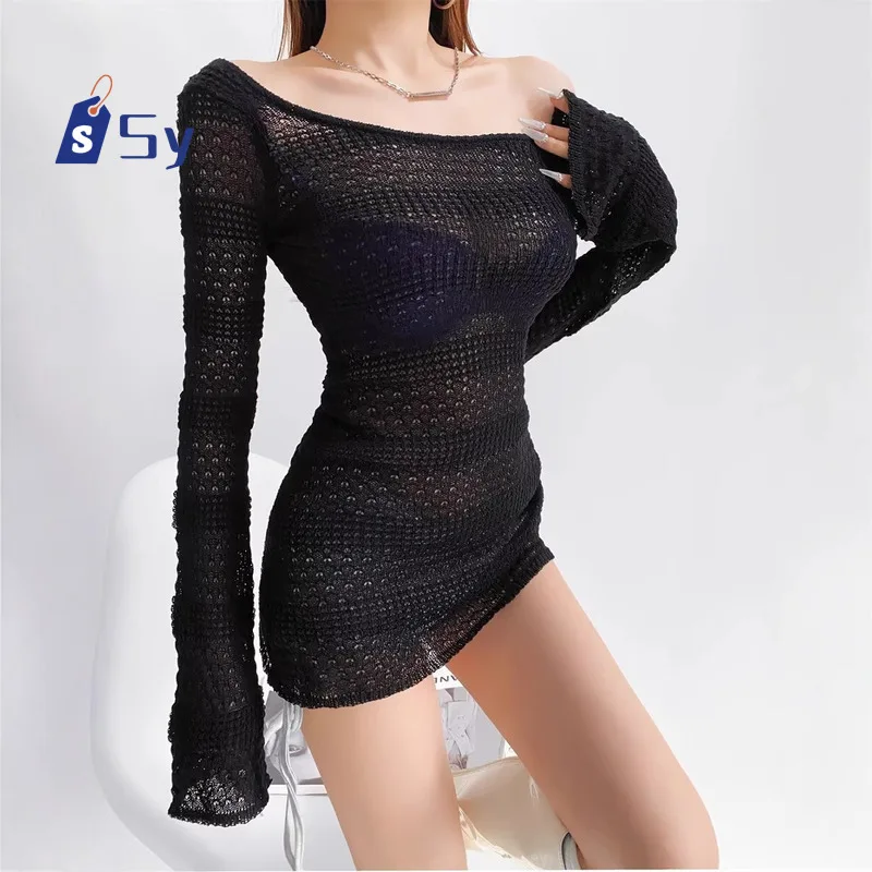 Sy Hollow Long Sleeved Knitted White Sweater Women's Hollow Drawstring Sunscreen Top Women's Pullover Women's Pullover