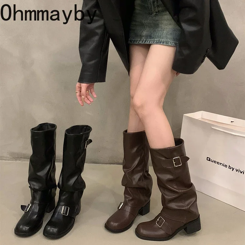 

Autumn Winter Pleated Woman Knee-High Boots Slip-On Thick Heels Trouser Long Booties Retro Style Ladies Shoes Botas De Mujer