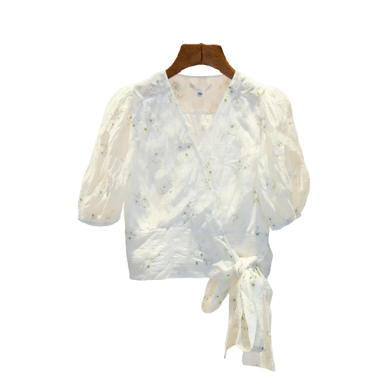 

Sweet Design Sense Waist Cinching Knot V Ne irt Women's Top South Oil High End Women's Clothing Summer