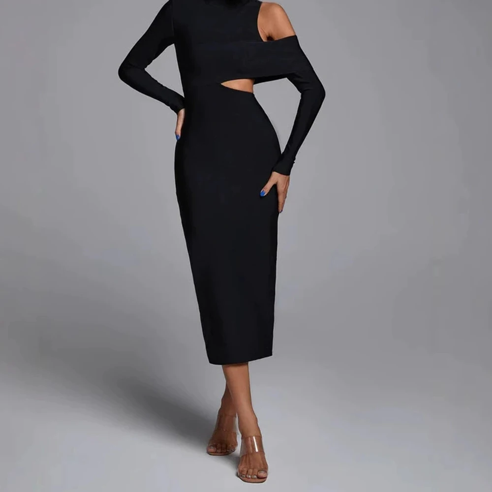 Mode dames fabriek directe verkoop lange mouwen hoge kraag uit de schouder lange jurk bandage jurk-GZXX1439