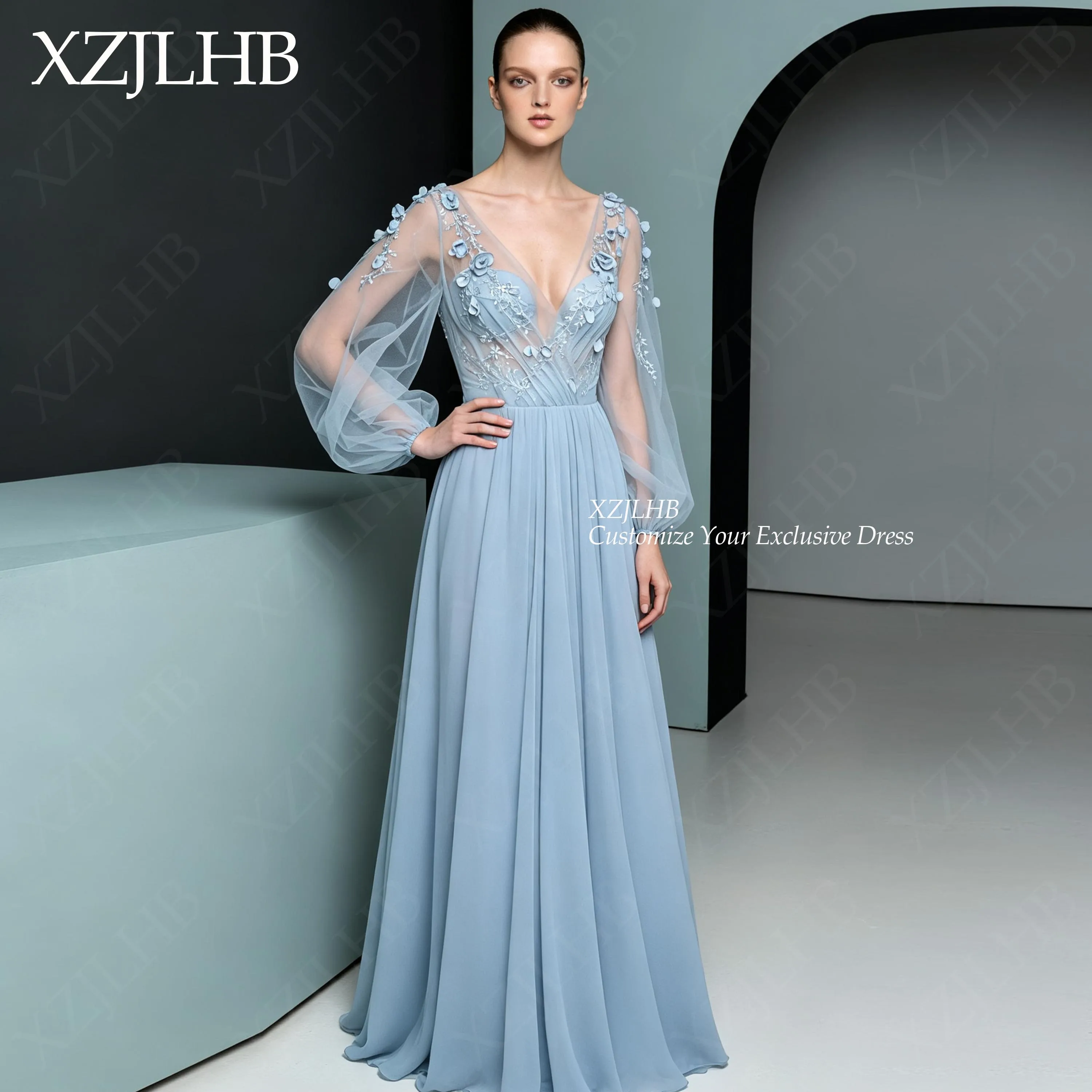XZJLHB Flower Chiffon 2026 Customized Women's Prom Gowns Lantern Sleeves Deep-V Birthday Dresses Tulle Illusion Graduation Dress