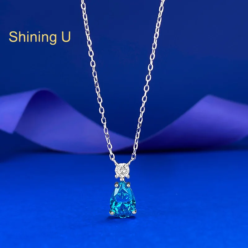 

Shining U S925 Silver 7*10mm Blue Pear Gems Necklace for Women Fine Jewelry Summer