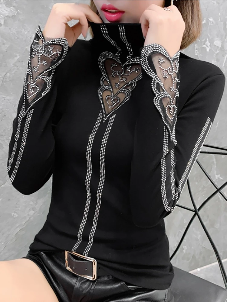 

Autumn New Hollow Out Lace Patchwork Slim T-Shirts Long Sleeve All-Match Solid Vintage Tops Tees Casual Fashion Women Clothing