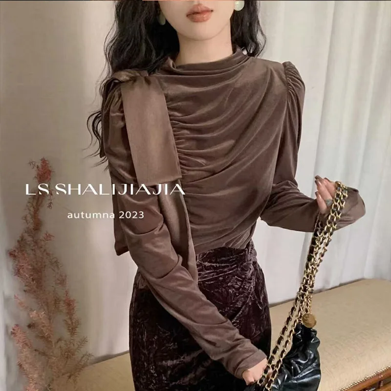 Winter New Temperament Irregular Solid Color Solid Color Bottoming Shirt Ladies Fashionable Pullover Half Height Collar T-Shirts