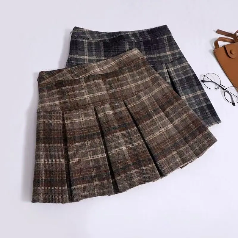 

High Waist Plaid Woolen Skirt Women's A-Line Skirt Anti-Light Autumn Winter ort Skirt Versatile f-length Skirt