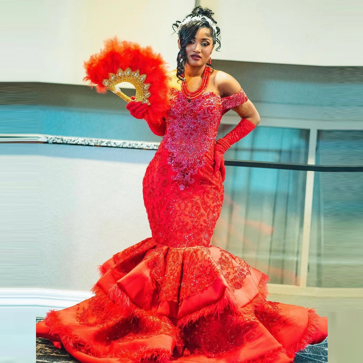 Red Aso Ebi Evening Dresses Off The Shoulder Tiered Feathers Plus Size Prom Gowns Mermaid Party Dress For African Women