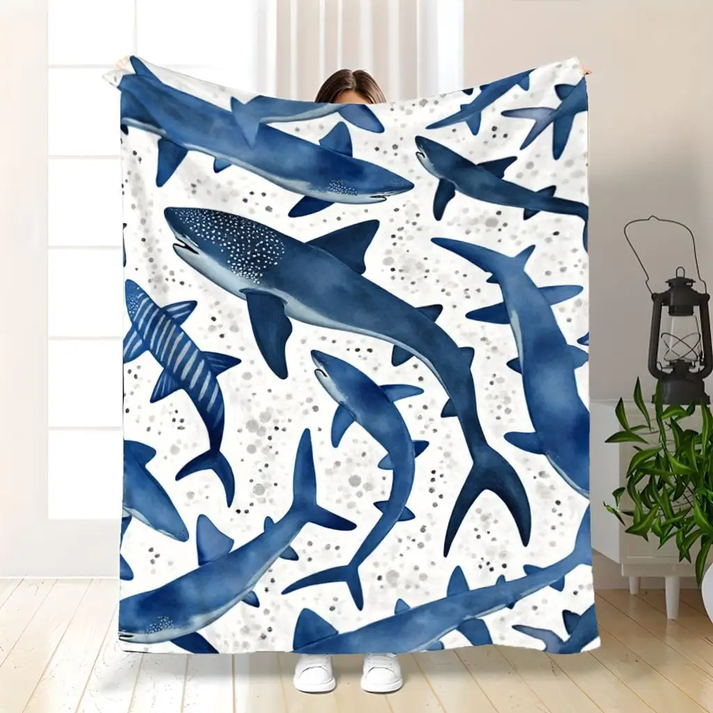 Blue Watercolor Shark Print Throw Blanket Cozy Sofa Couch Manta Soft Bed Decorative Blanket For Bedroom Living Room Decor
