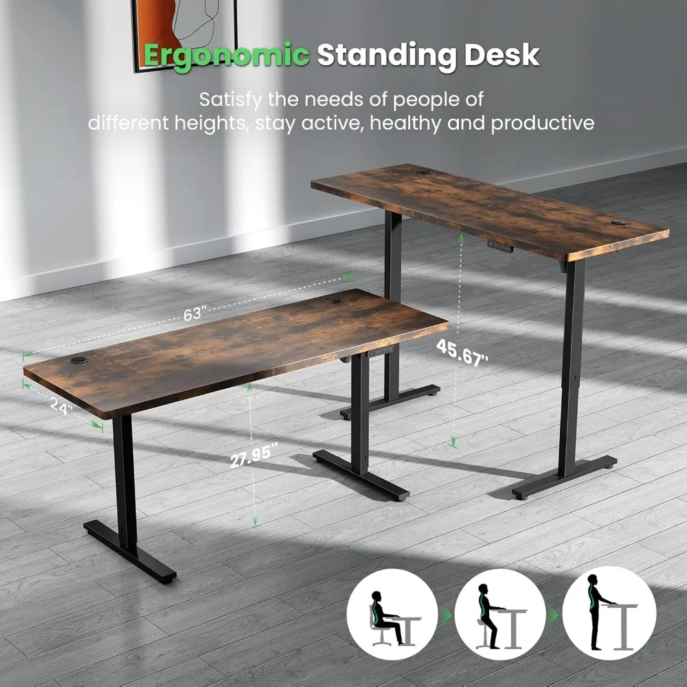 

Electric standing desk adjustable -63 x 24 inch sitting desk with cable management -3 pre-set adjustable height storage devices