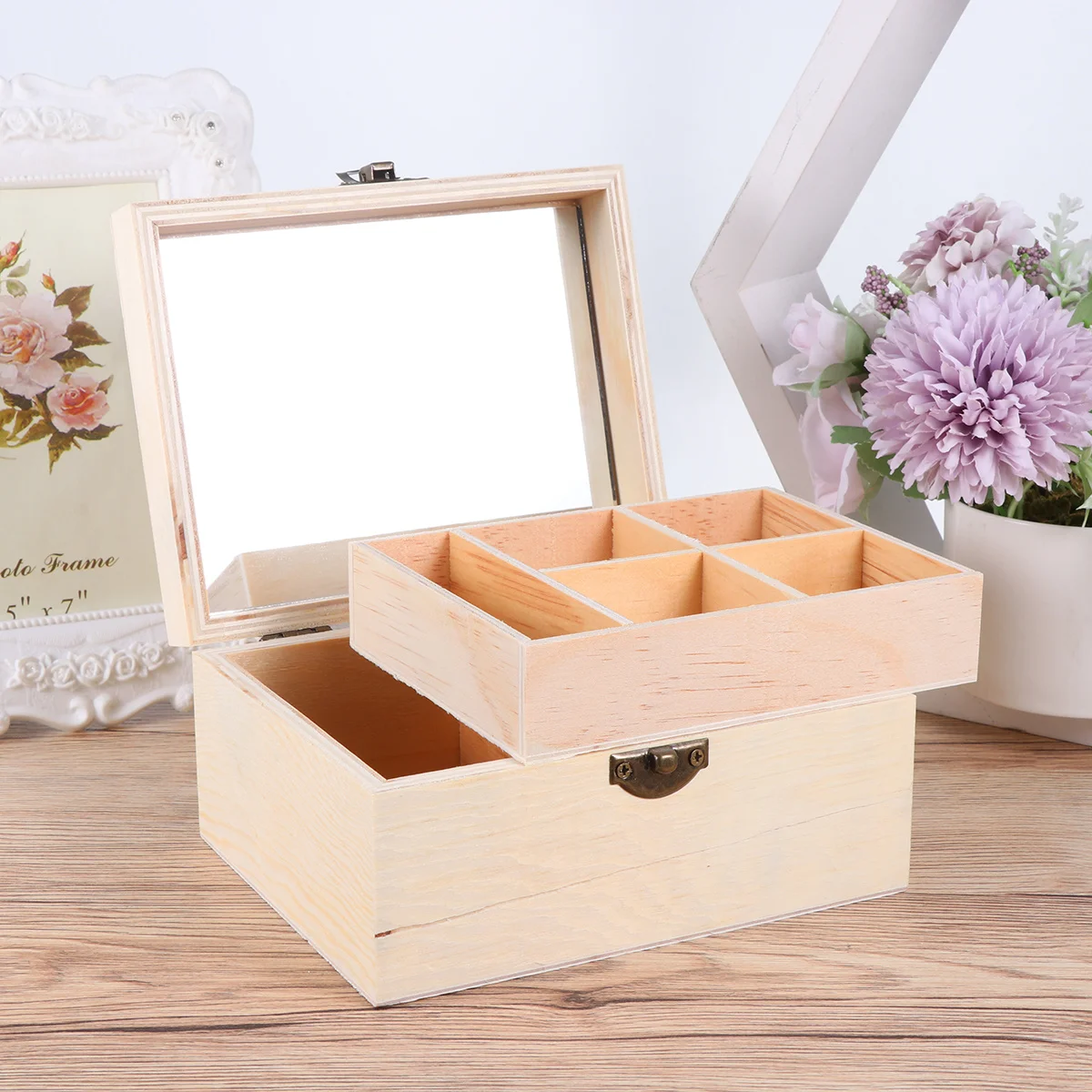 

Wooden Jewelry Box For Painting Clay Craft Storage With Double Mirrors Natural Wood Texture Handmade Organizer Decorative