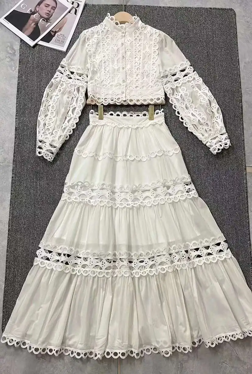 

JAMERARY White Embroidery Two Piece Dress Sets Women Crop Tops Long Sleeve Shirts + A Line Pleated Midi Long Skirts Suits