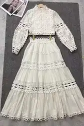 JAMERARY White Embroidery Two Piece Dress Sets Women Crop Tops Long Sleeve Shirts + A Line Pleated Midi Long Skirts Suits